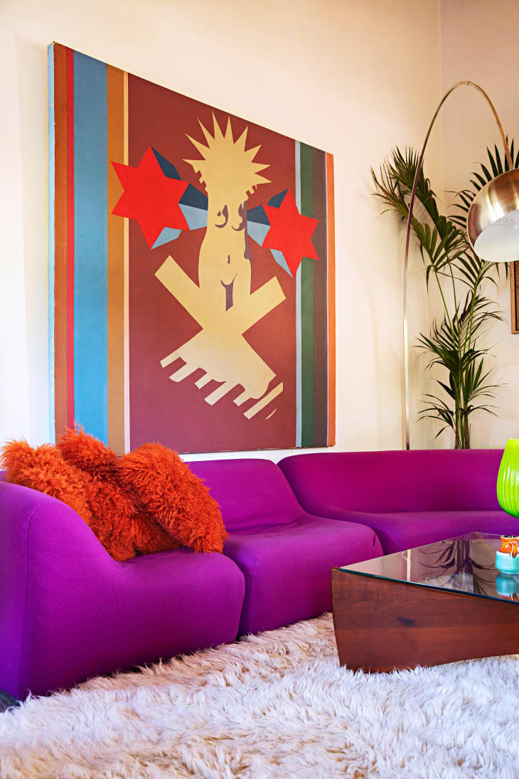 Retro Modern Melbourne Rental House With Purple Sectional Sofa
